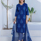 Dark Blue Silk Printed V Neck 3/4 Sleeve Straight Kurta Set With Pant & Dupatta