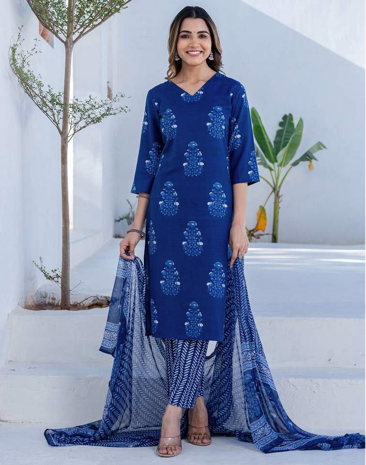 Dark Blue Silk Printed V Neck 3/4 Sleeve Straight Kurta Set With Pant & Dupatta
