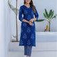 Dark Blue Silk Printed V Neck 3/4 Sleeve Straight Kurta Set With Pant & Dupatta