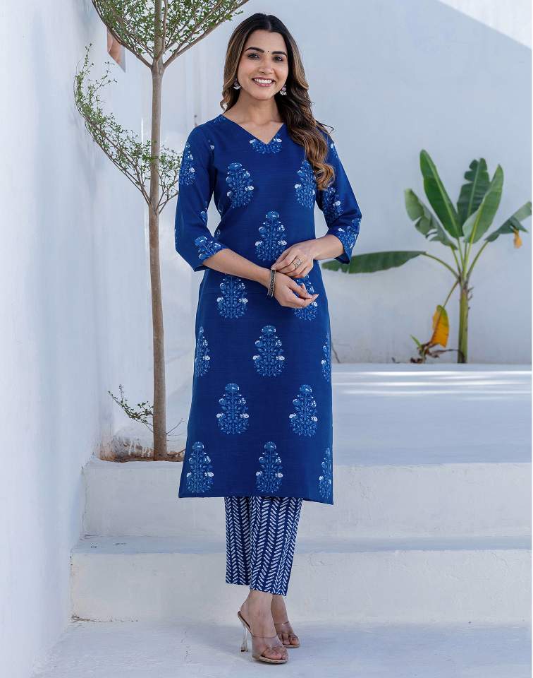 Dark Blue Silk Printed V Neck 3/4 Sleeve Straight Kurta Set With Pant & Dupatta