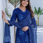 Dark Blue Silk Printed V Neck 3/4 Sleeve Straight Kurta Set With Pant & Dupatta