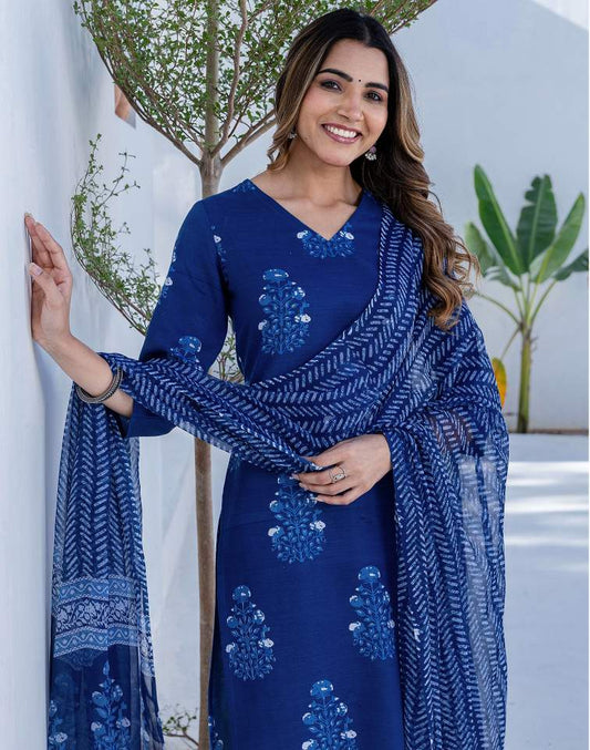 Dark Blue Silk Printed V Neck 3/4 Sleeve Straight Kurta Set With Pant & Dupatta