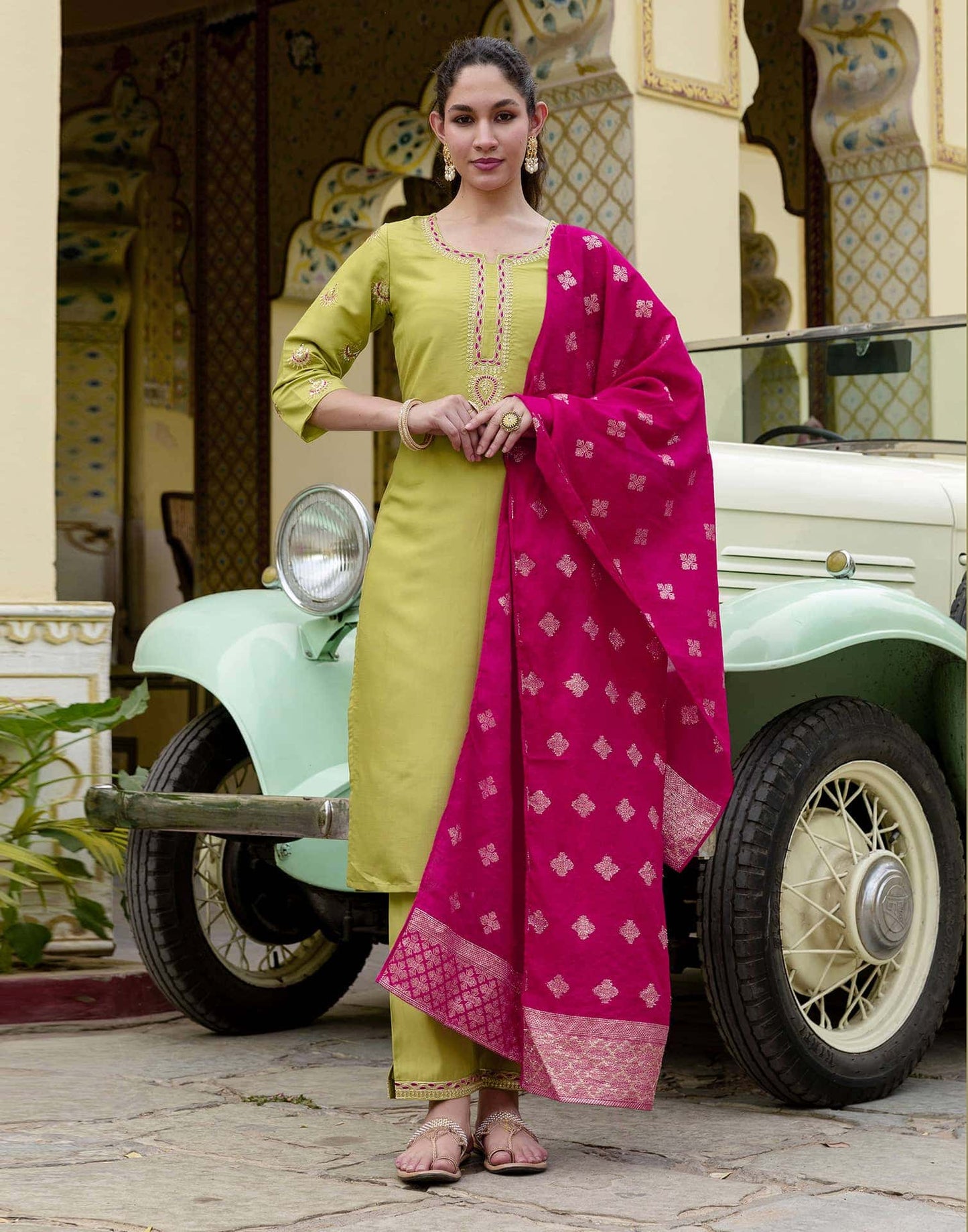 Silk Embroidery and Sequins Work Straight Kurta with Pant & Dupatta