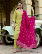Silk Blend Embroidered Straight 3 Piece Kurta Set