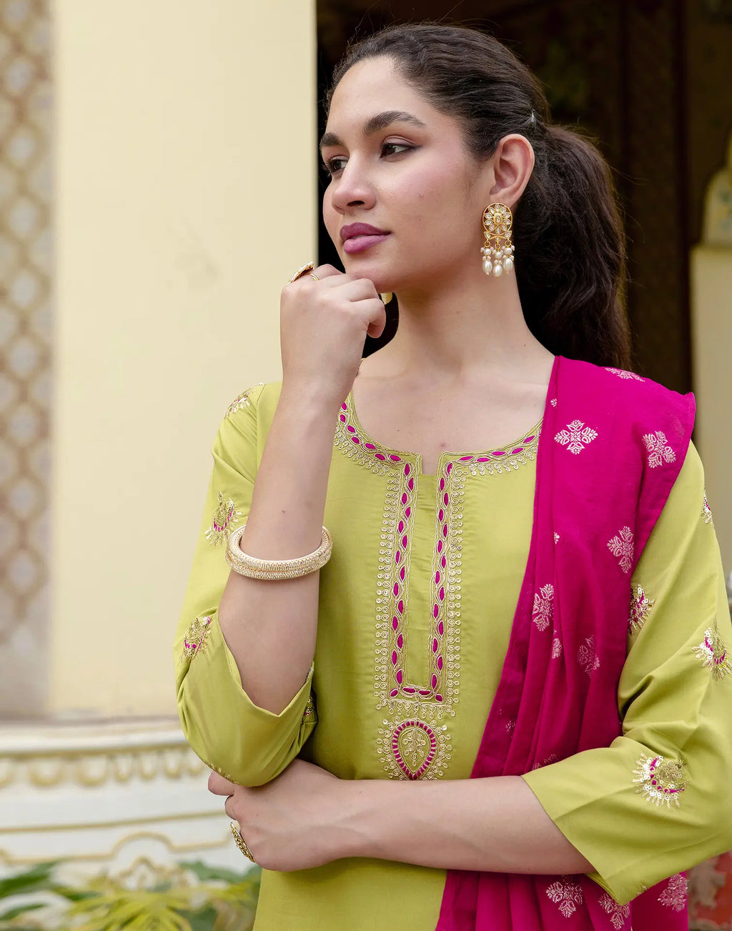 Silk Blend Embroidered Straight 3 Piece Kurta Set