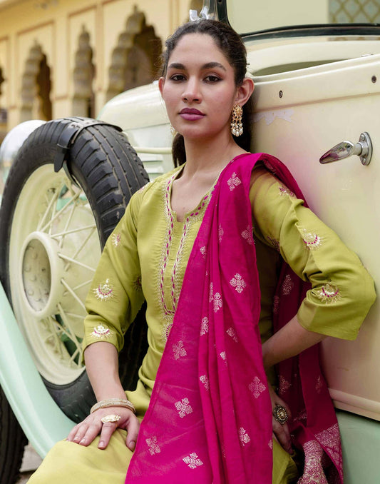 Silk Embroidery and Sequins Work Straight Kurta with Pant & Dupatta