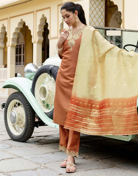 Brown Silk Blend Embroidered Straight Kurta with Pant & Dupatta