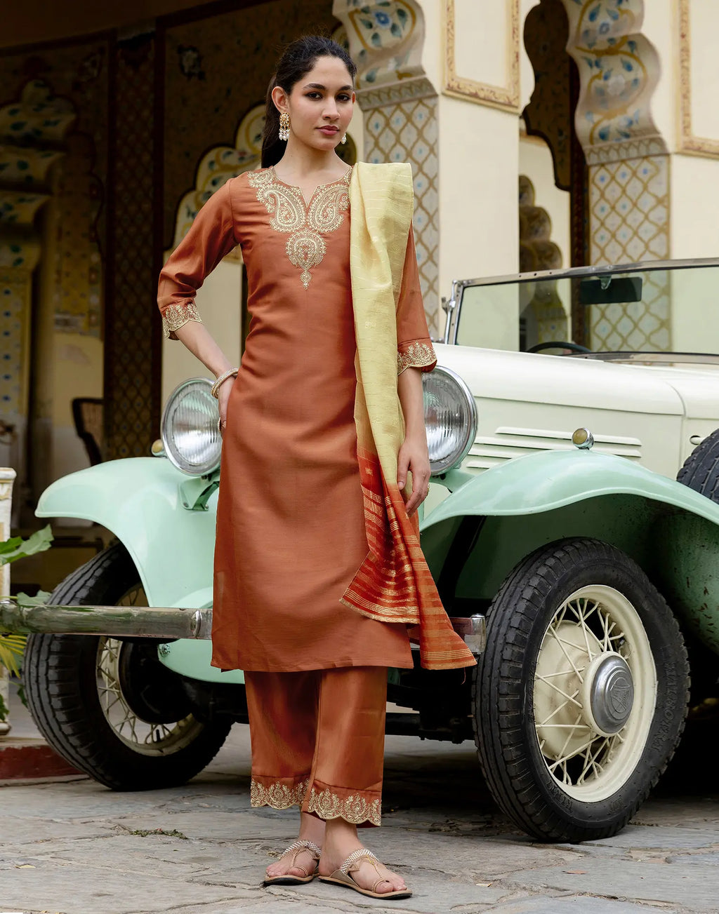 Shimmer Silk Blend Embroidered Straight 3 Piece Kurta Set