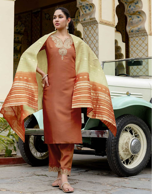 Silk Blend Sequins Work, Embroidery and Embroidery Lace Straight Kurta with Pant & Dupatta