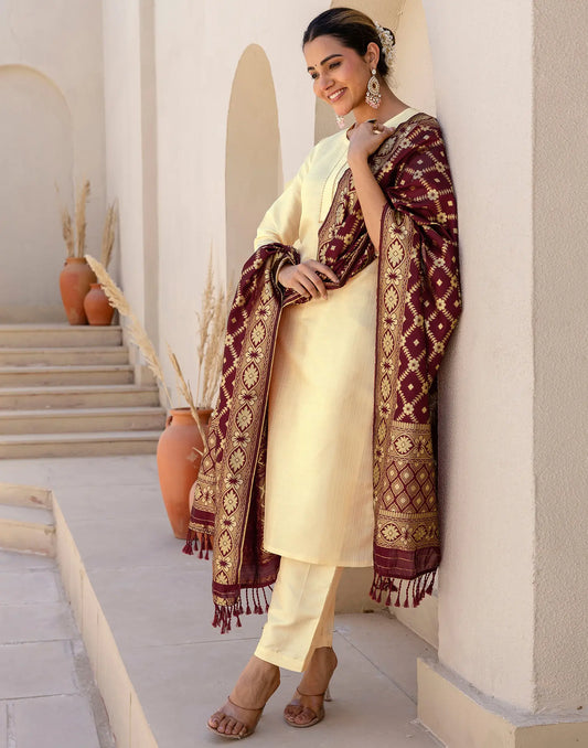 Silk Blend Gota Lace Straight 3 Piece Kurta Set