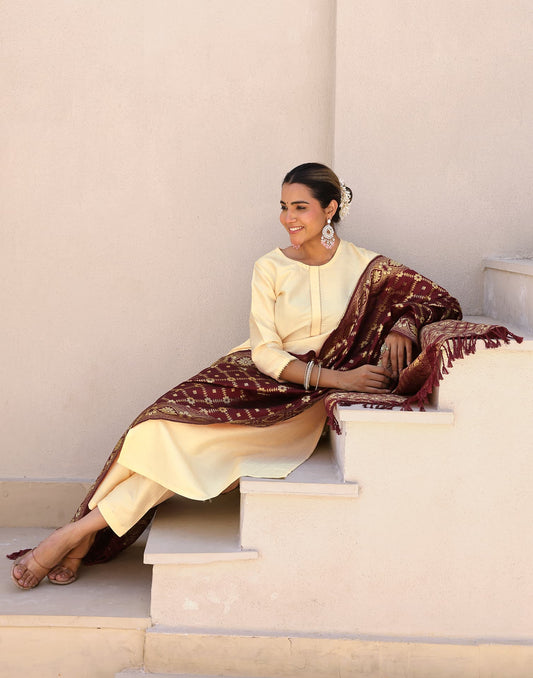 Silk Blend Gota Lace Straight Kurta with Pant & Dupatta