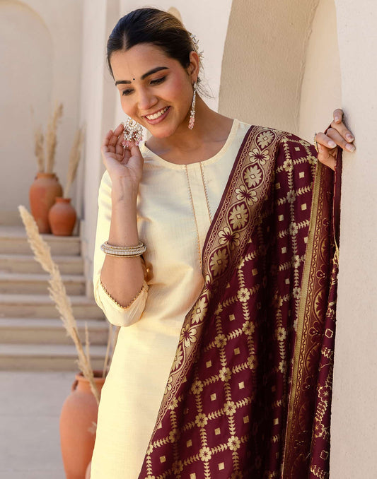 Silk Blend Gota Lace Straight Kurta with Pant & Dupatta