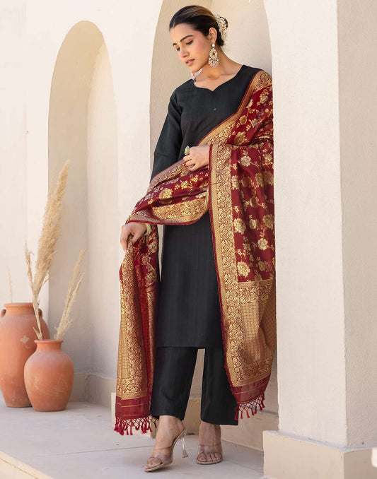 Silk Blend Gota Lace Straight Kurta with Pant & Dupatta