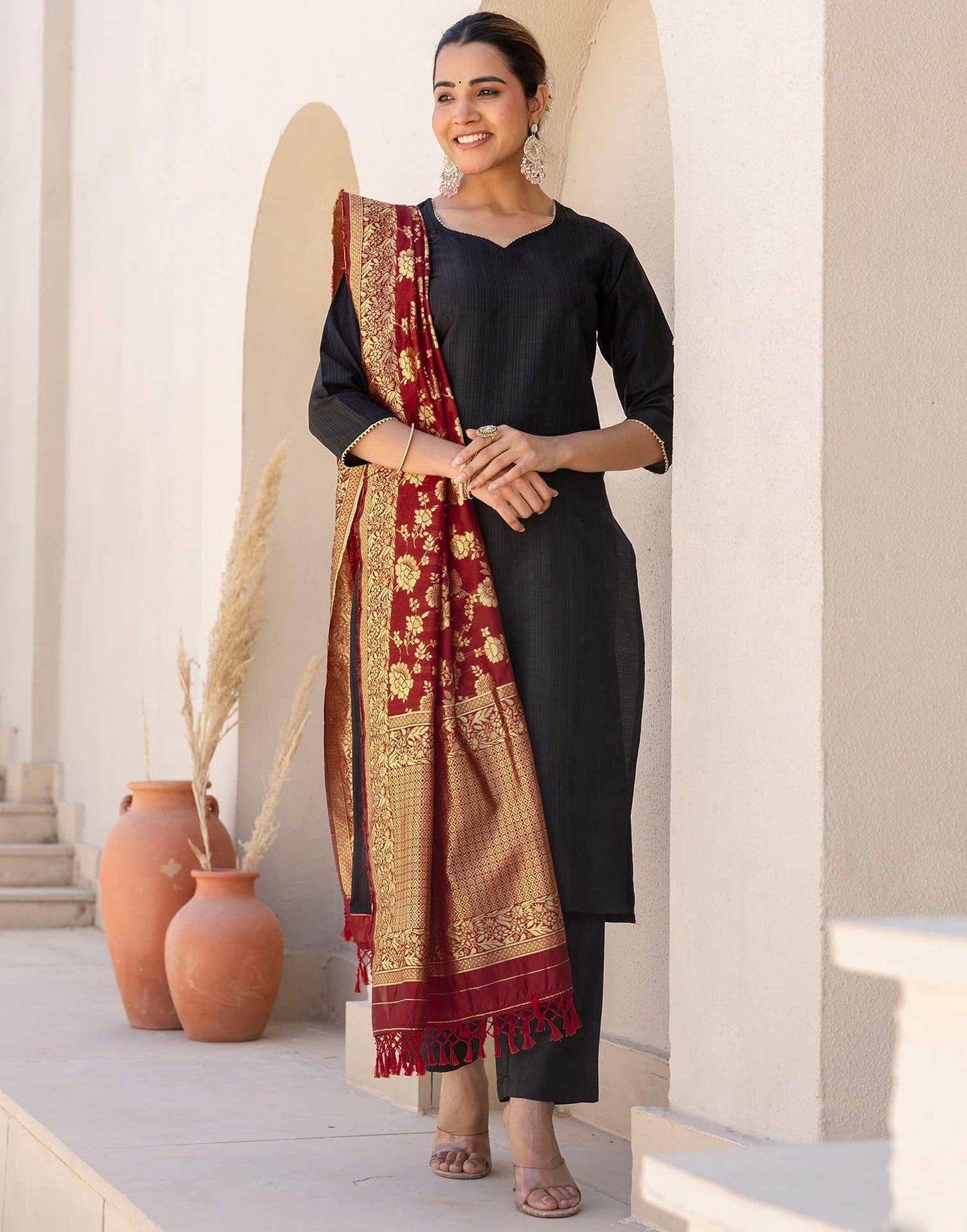 Silk Blend Gota Lace Straight Kurta with Pant & Dupatta