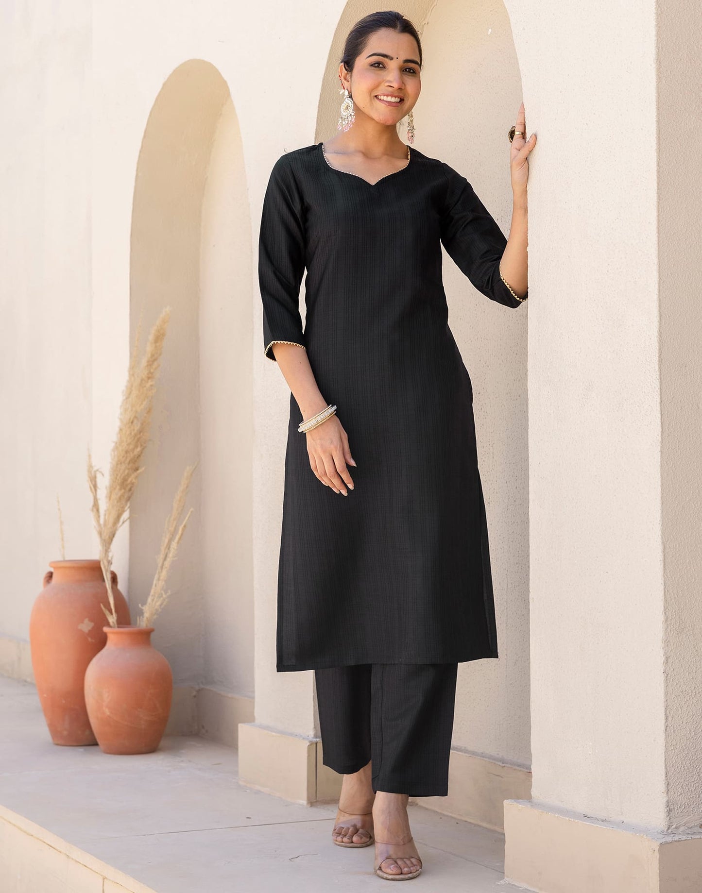 Silk Blend Gota Lace Straight Kurta with Pant & Dupatta