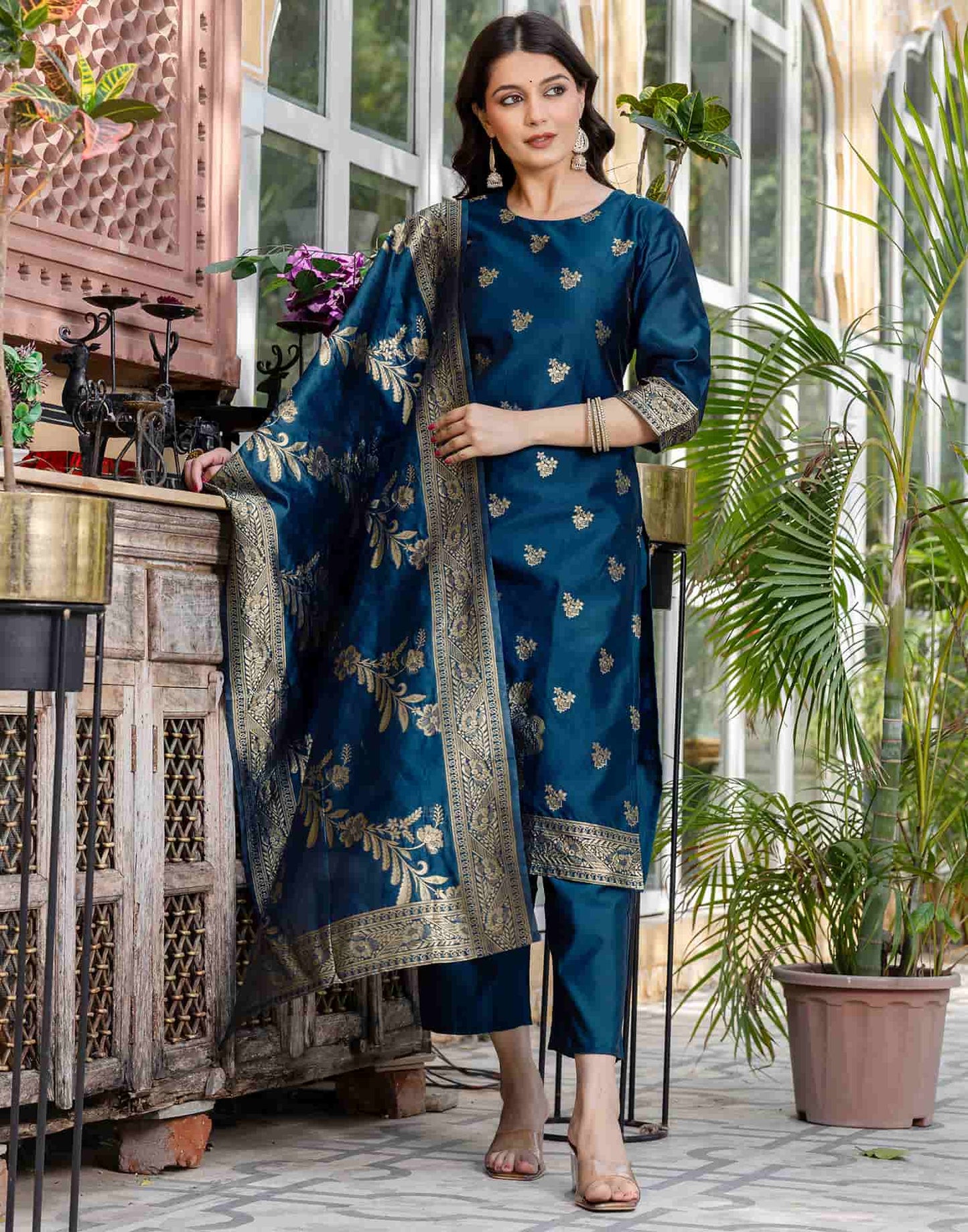 Silk Blend Weaving Straight Kurta with Pant & Dupatta