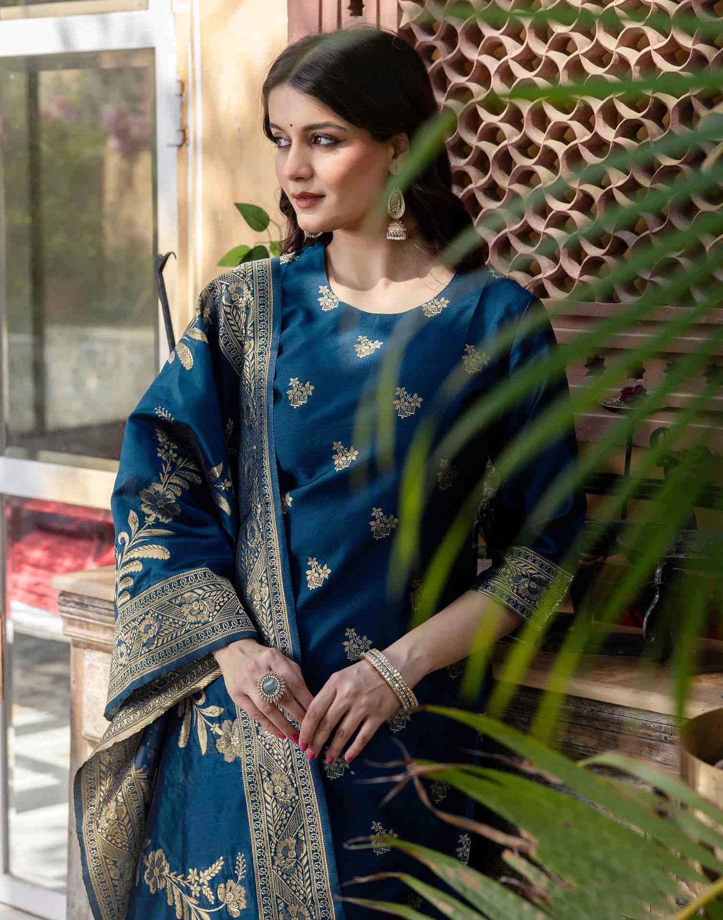 Silk Blend Weaving Straight Kurta with Pant & Dupatta