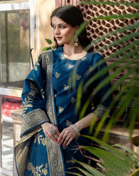 Silk Blend Weaving Straight Kurta with Pant & Dupatta