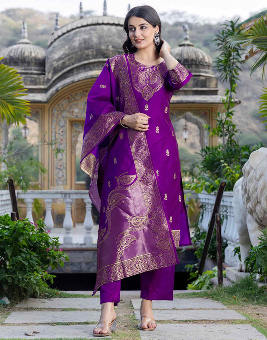 Silk Blend Weaving Straight Kurta with Pant & Dupatta