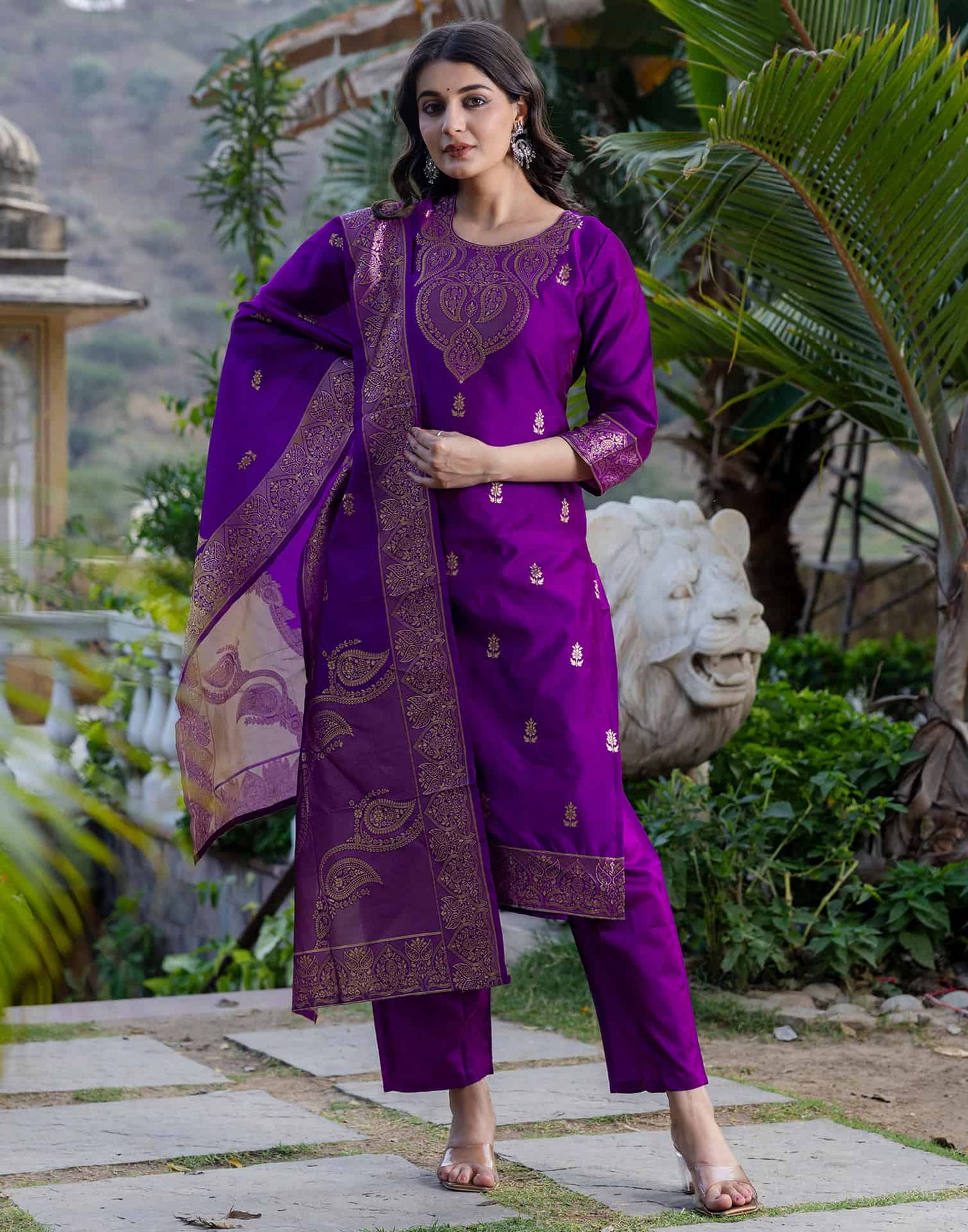 Silk Blend Weaving Straight Kurta with Pant & Dupatta