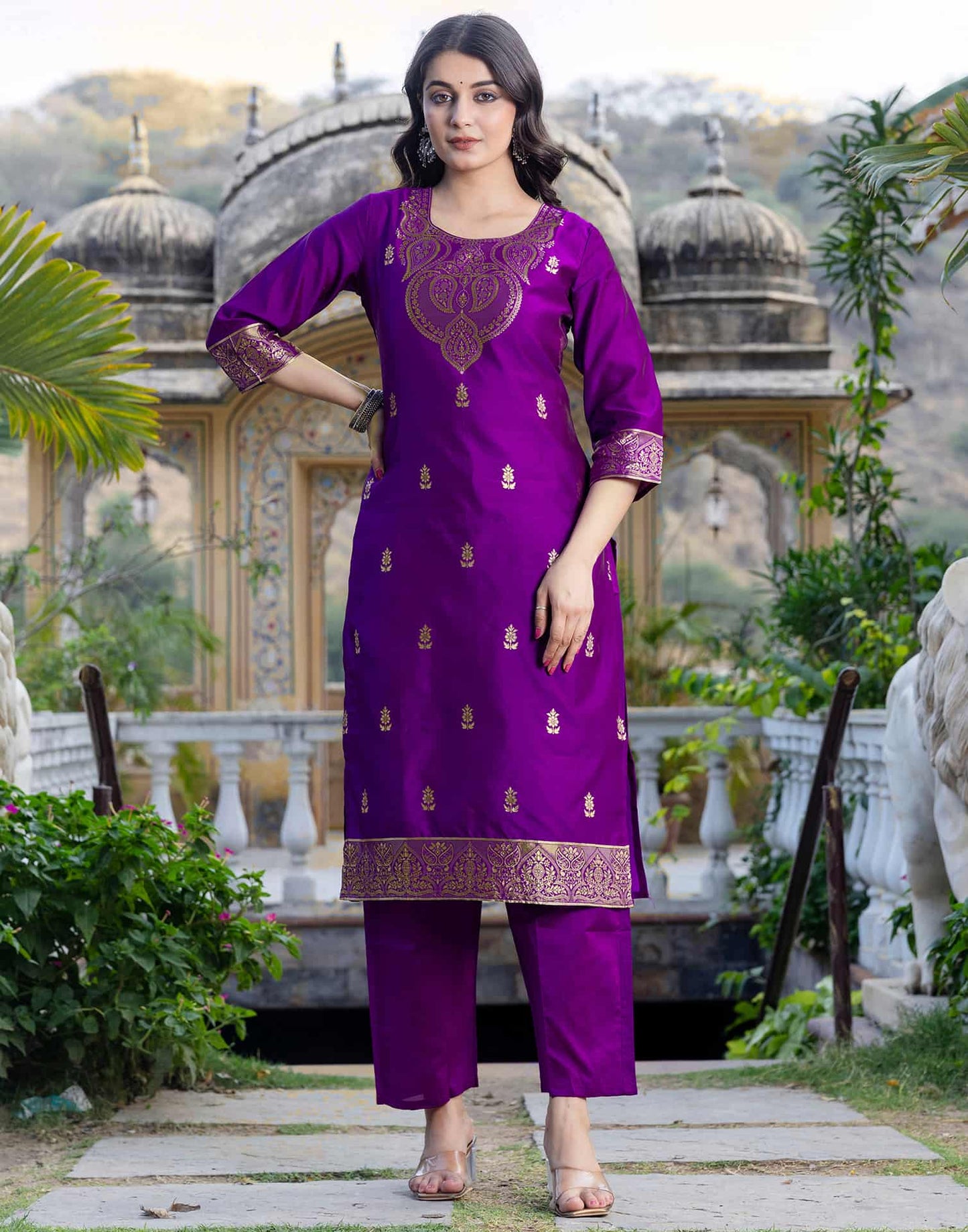 Silk Blend Weaving Straight Kurta with Pant & Dupatta