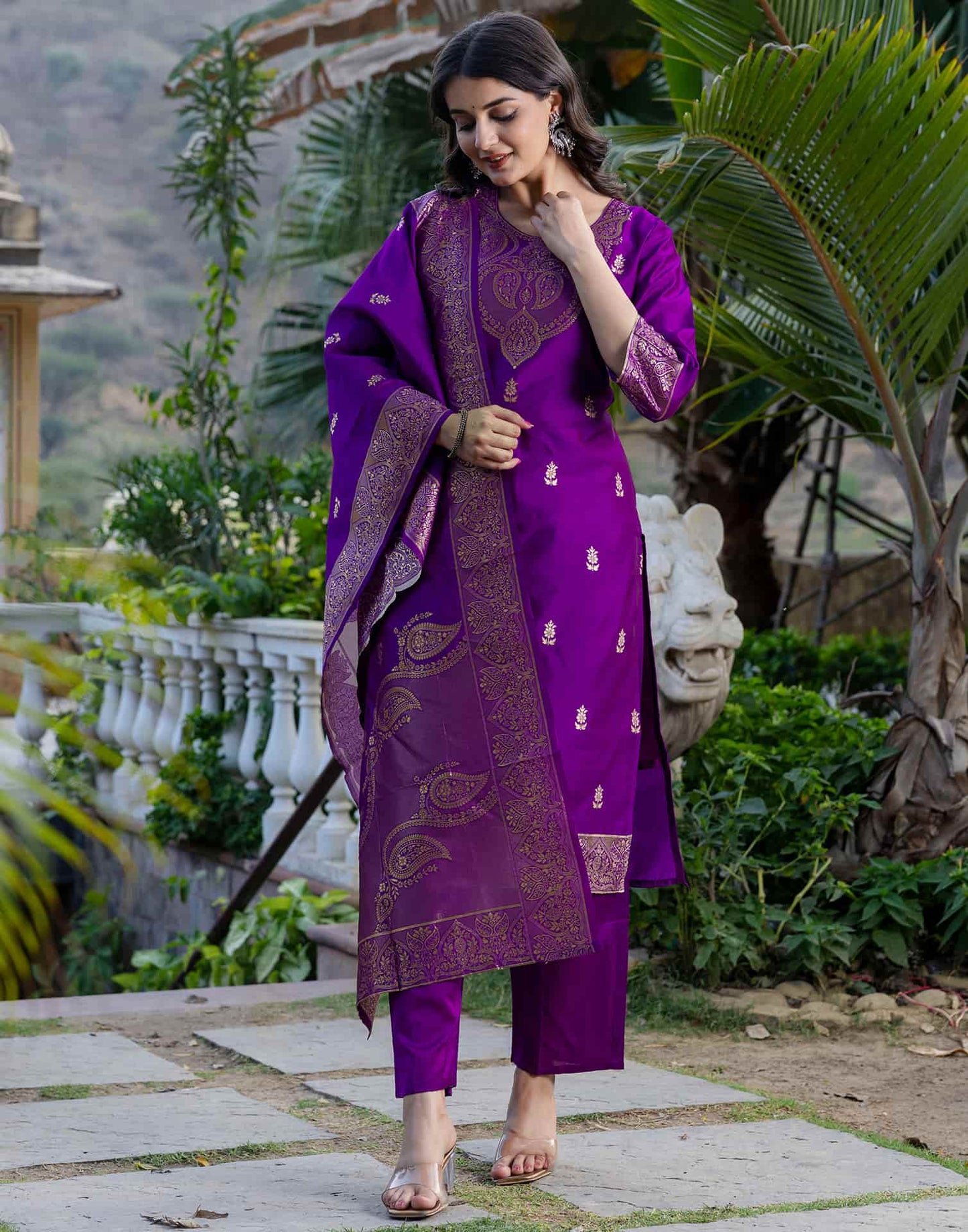 Silk Blend Weaving Straight Kurta with Pant & Dupatta