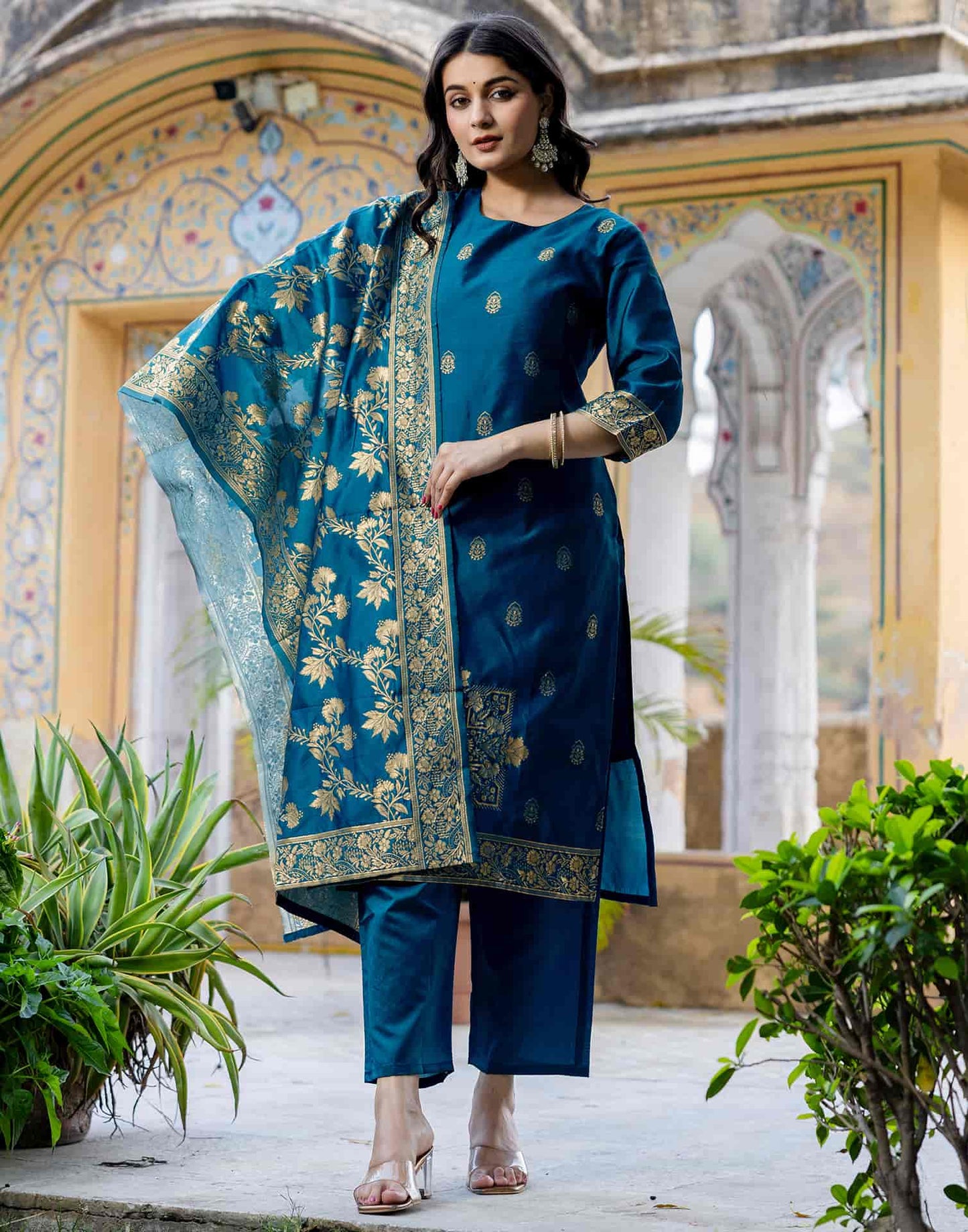 Silk Blend Weaving Straight Kurta with Pant & Dupatta