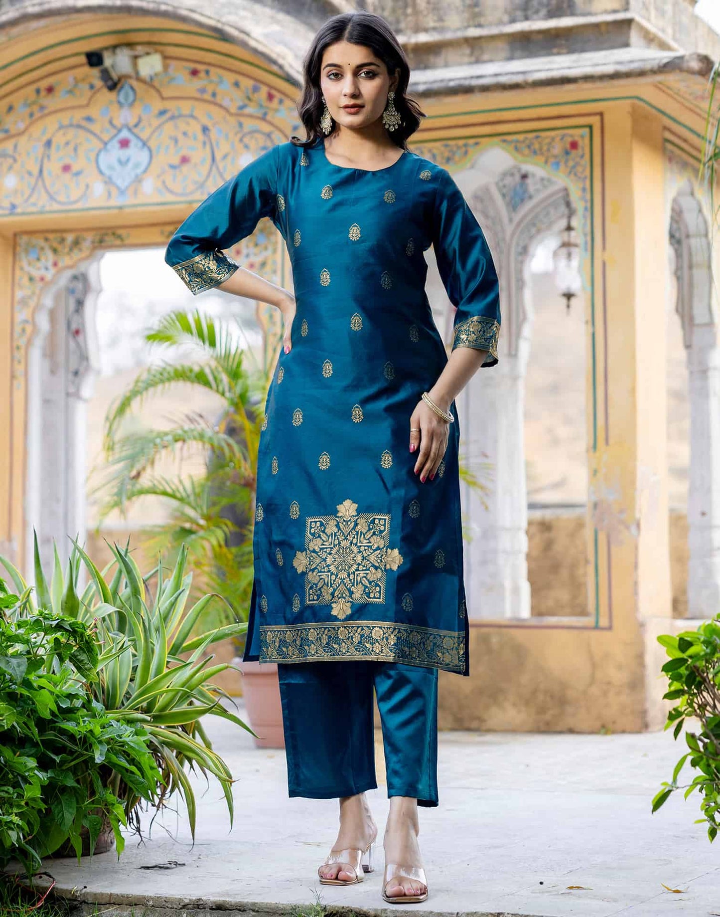 Silk Blend Weaving Straight Kurta with Pant & Dupatta