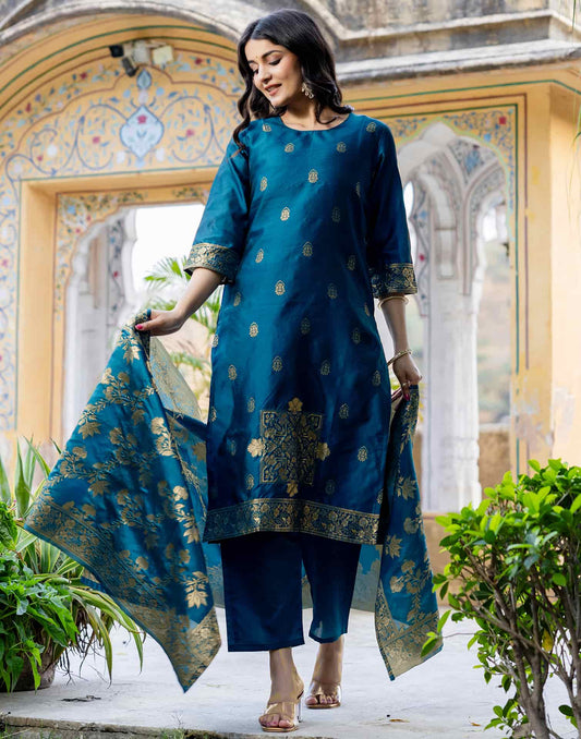 Silk Blend Weaving Straight Kurta with Pant & Dupatta