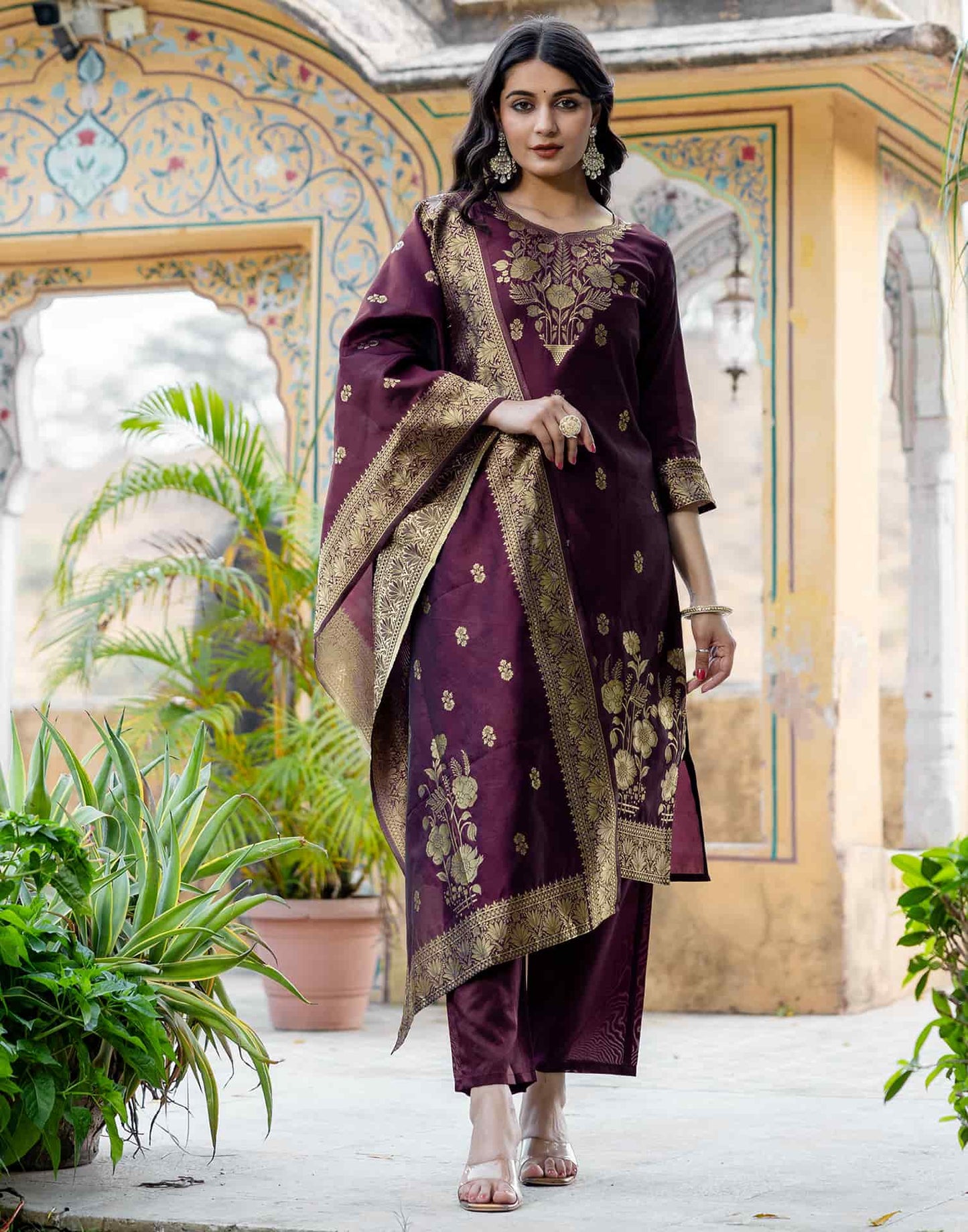 Silk Blend Weaving Straight Kurta with Pant & Dupatta