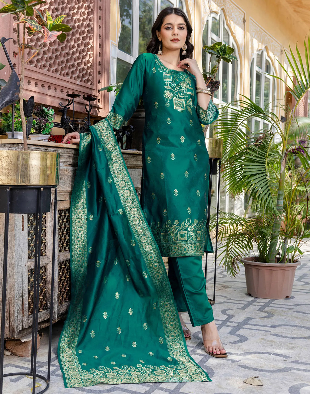 Silk Blend Woven Woven Straight 3 Piece Kurta Set