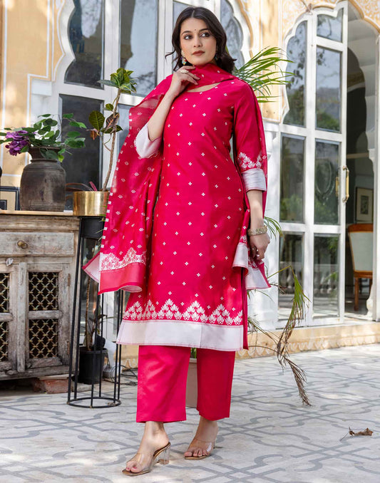 Silk Blend Weaving Straight Kurta with Pant & Dupatta