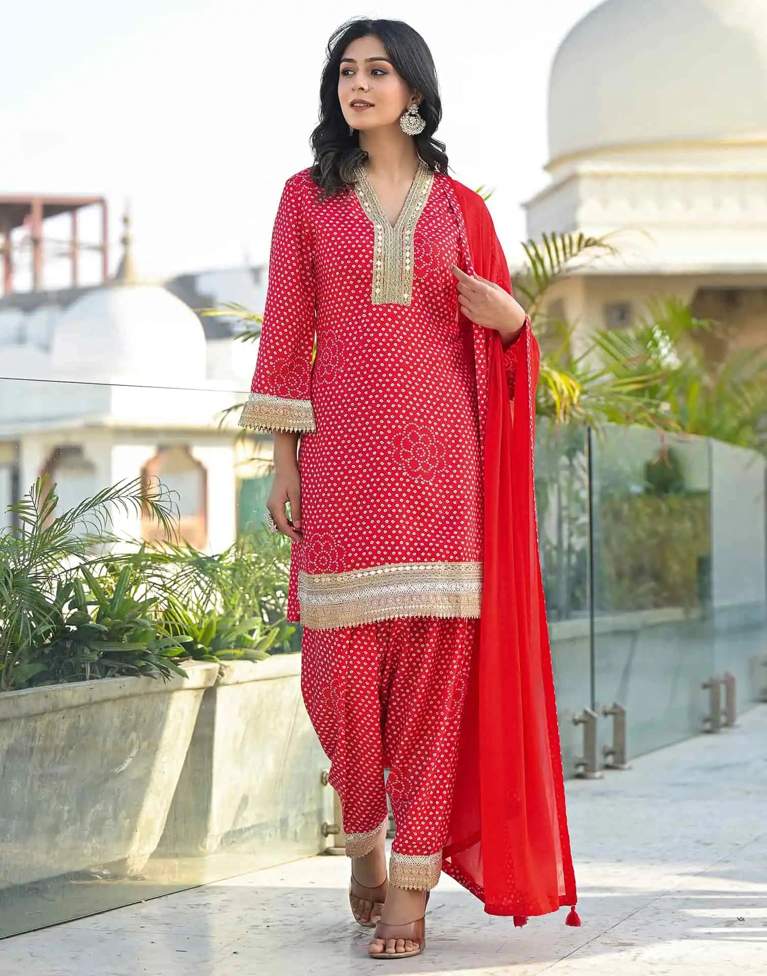 Red Silk Printed Straight Kurta Set with Pant & Dupatta V-Neck Ethnic Kurti for Festive Wear