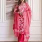Pink Cotton Printed Straight Kurta Set with Pant & Dupatta V-Neck Floral Kurti for Women