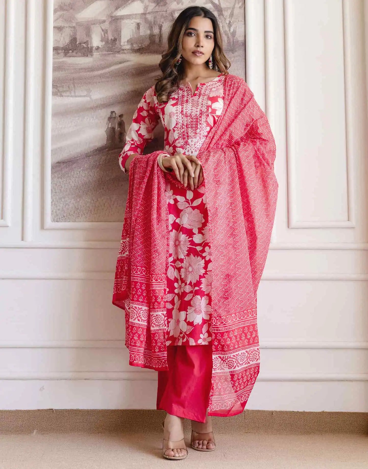 Pink Cotton Printed Straight Kurta Set with Pant & Dupatta V-Neck Floral Kurti for Women