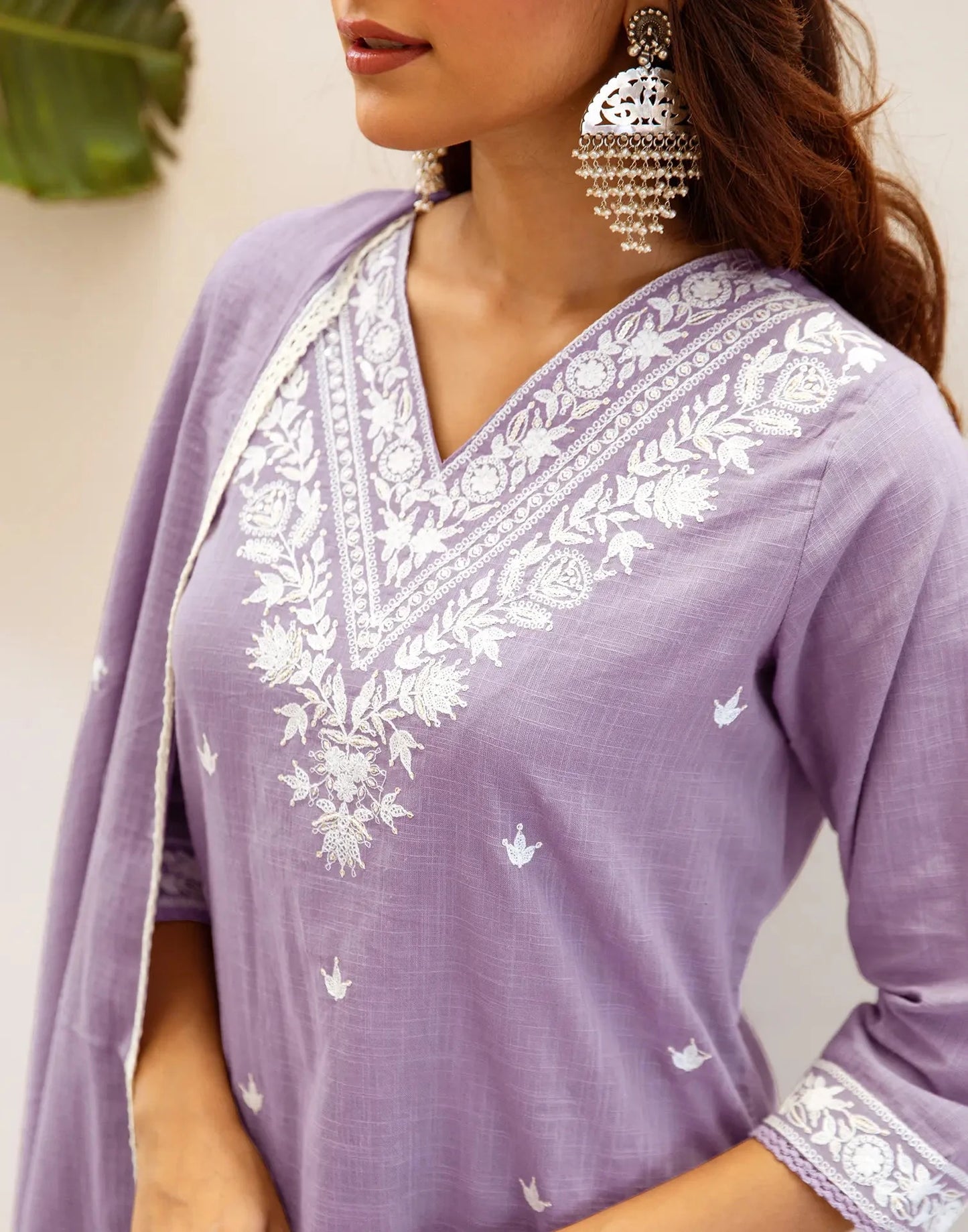Cotton Embroidered V-Neck Straight Kurta with Pant & Dupatta