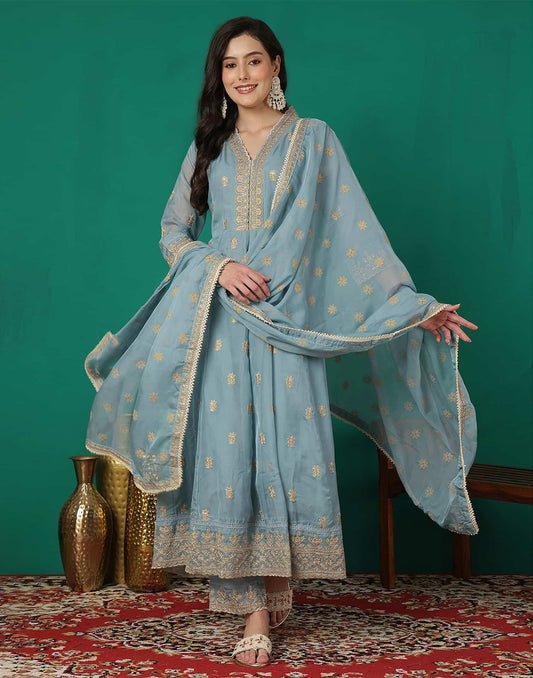 Blue Silk Blend Embroidery and Sequins Work Anarkali Kurta Set for Women with Pant & Dupatta