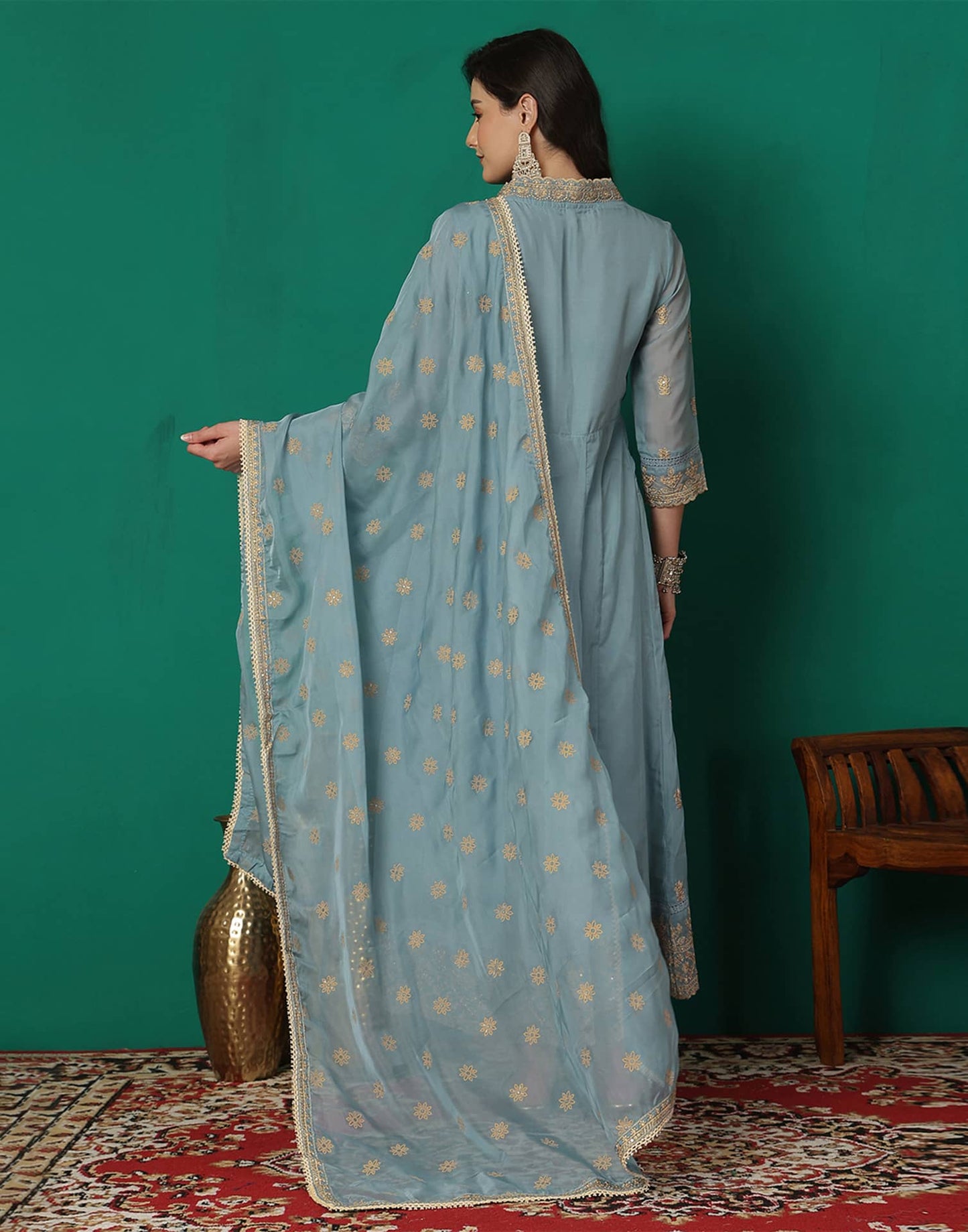 Silk Blend Embroidery and Sequins Work Anarkali Kurta with Pant & Dupatta