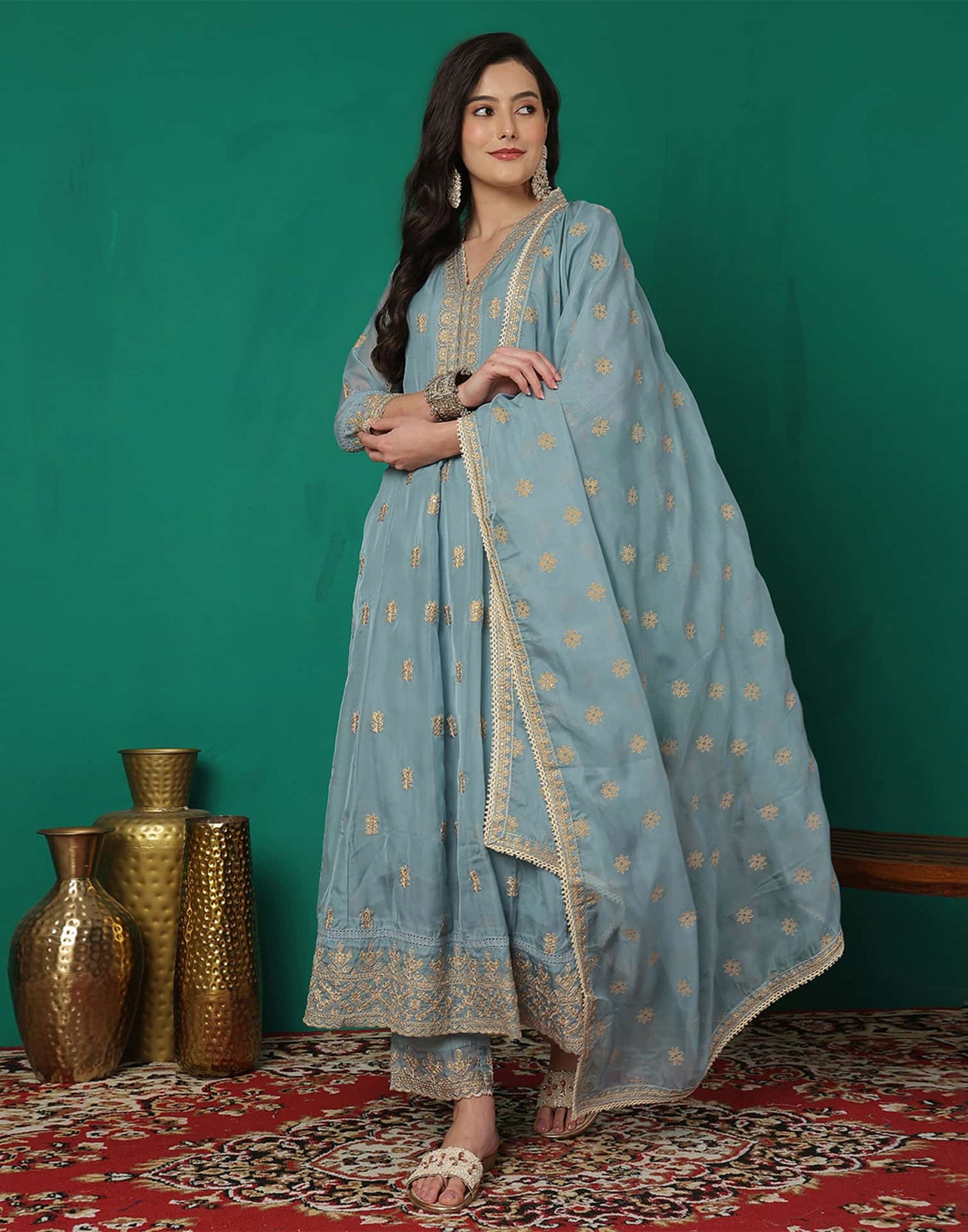Silk Blend Embroidery and Sequins Work Anarkali Kurta with Pant & Dupatta