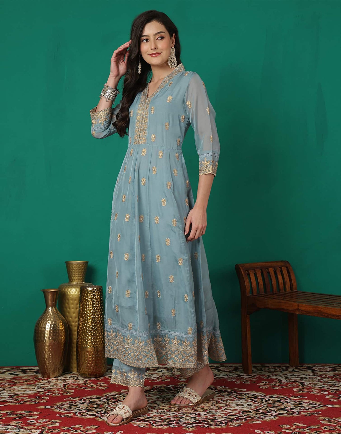 Silk Blend Embroidery and Sequins Work Anarkali Kurta with Pant & Dupatta