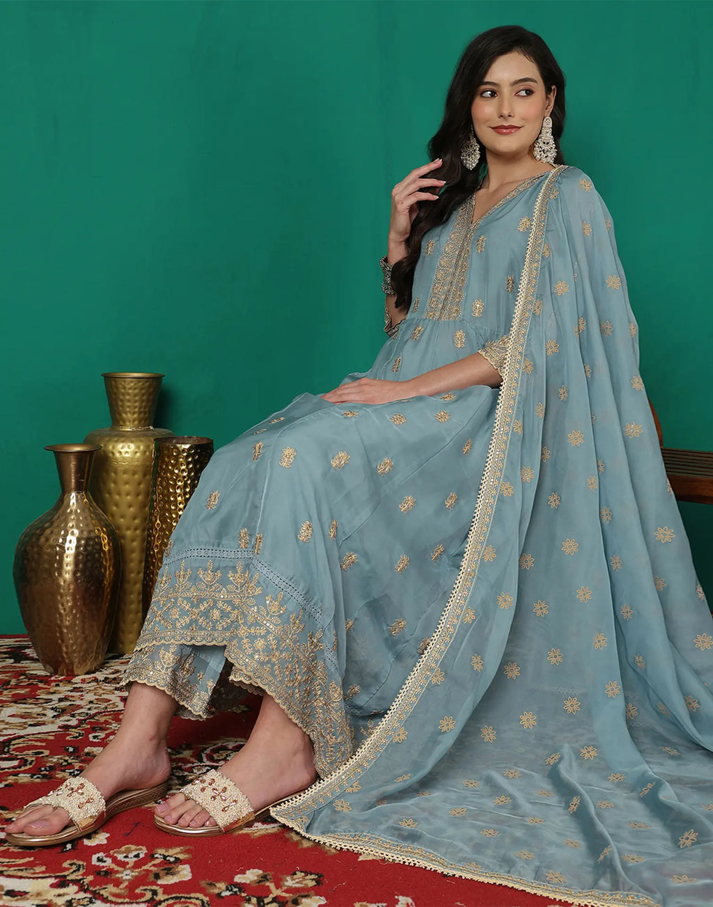 Silk Blend Embroidered Anarkali 3 Piece Kurta Set