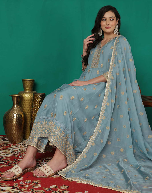 Silk Blend Embroidery and Sequins Work Anarkali Kurta with Pant & Dupatta