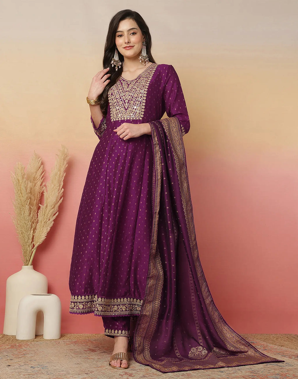 Poly Chinnon Embroidered Anarkali 3 Piece Kurta Set