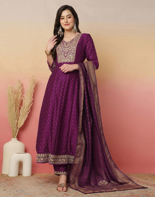 Silk Blend Embroidery and Sequins Work Anarkali Kurta with Pant & Dupatta