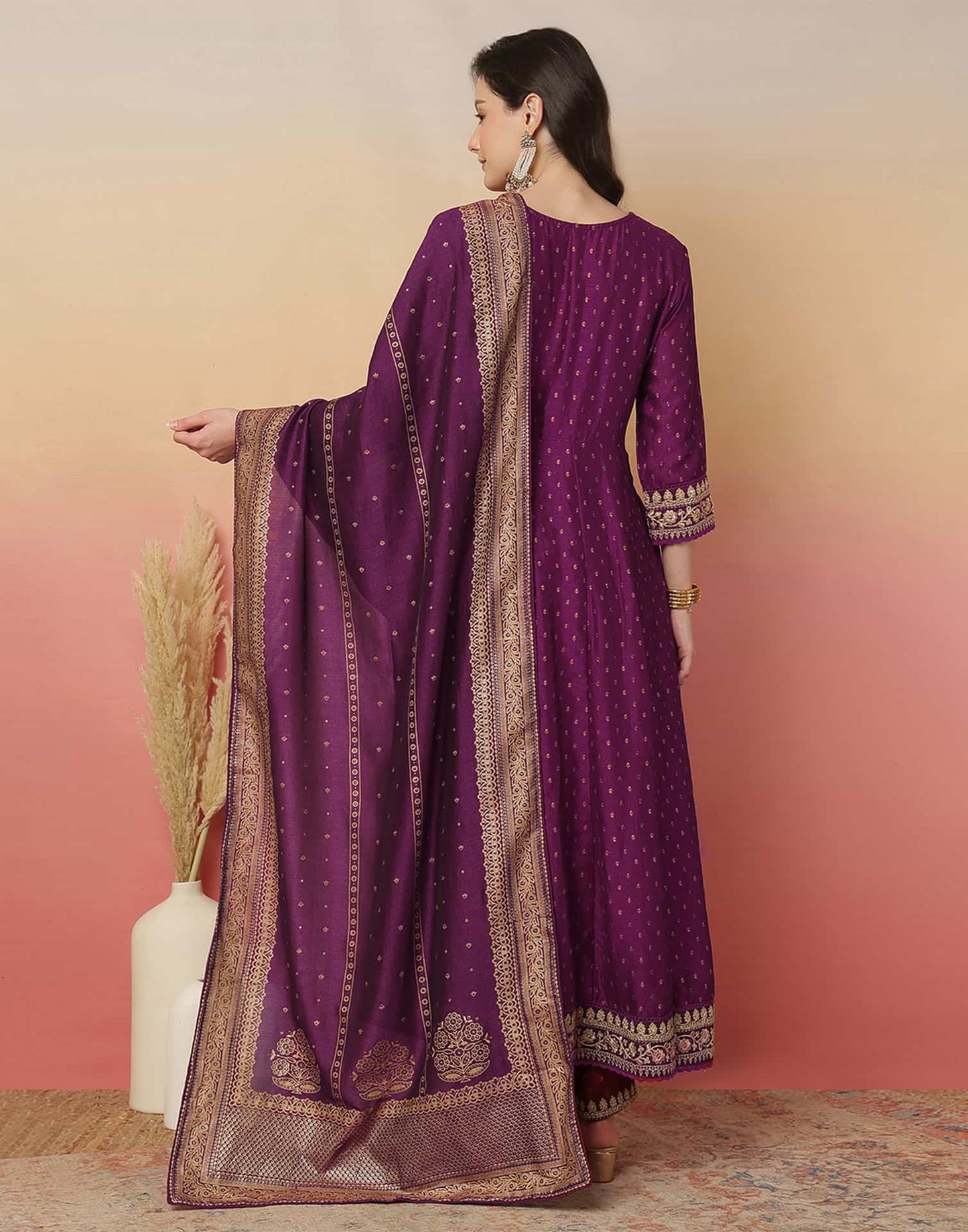 Silk Blend Embroidery and Sequins Work Anarkali Kurta with Pant & Dupatta