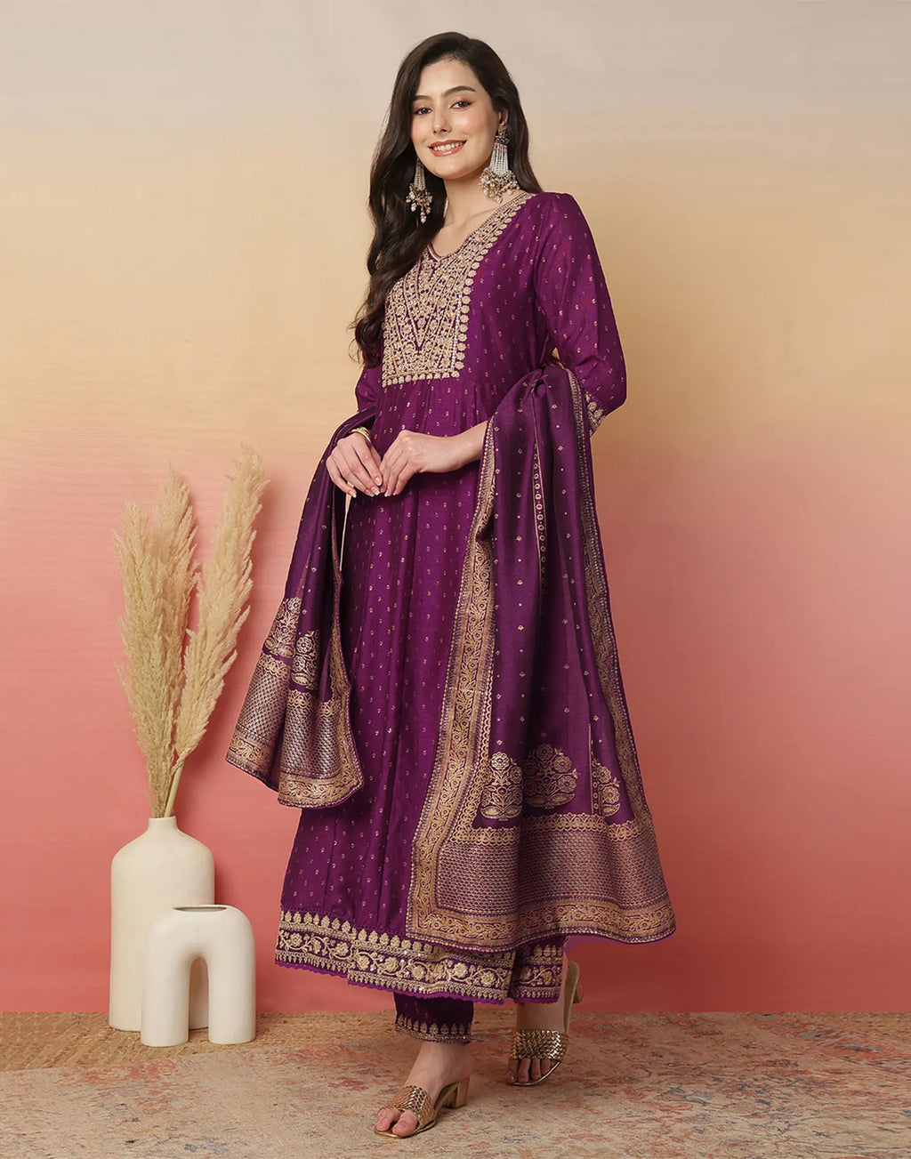 Poly Chinnon Embroidered Anarkali 3 Piece Kurta Set