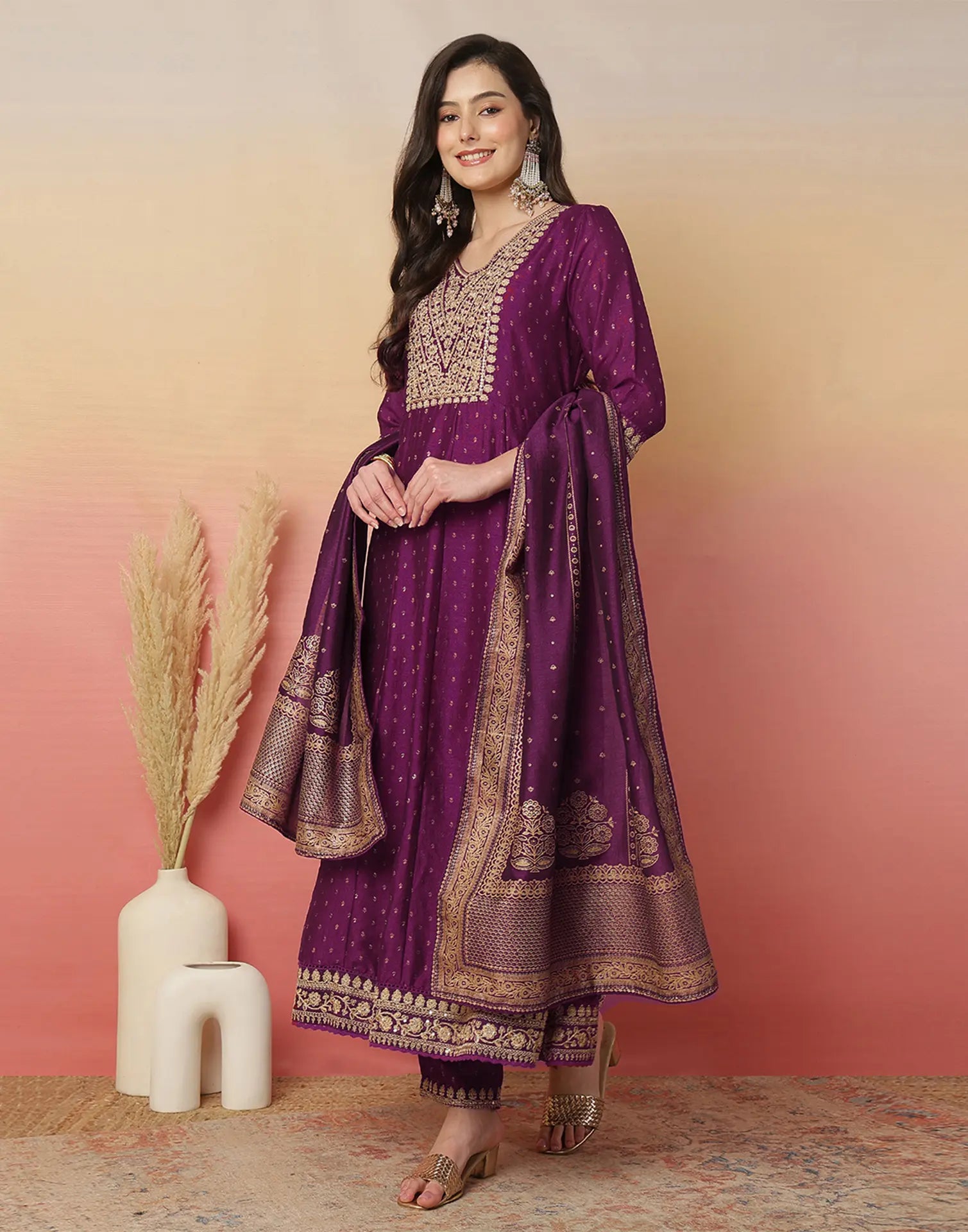 Poly Chinnon Embroidered Anarkali 3 Piece Kurta Set