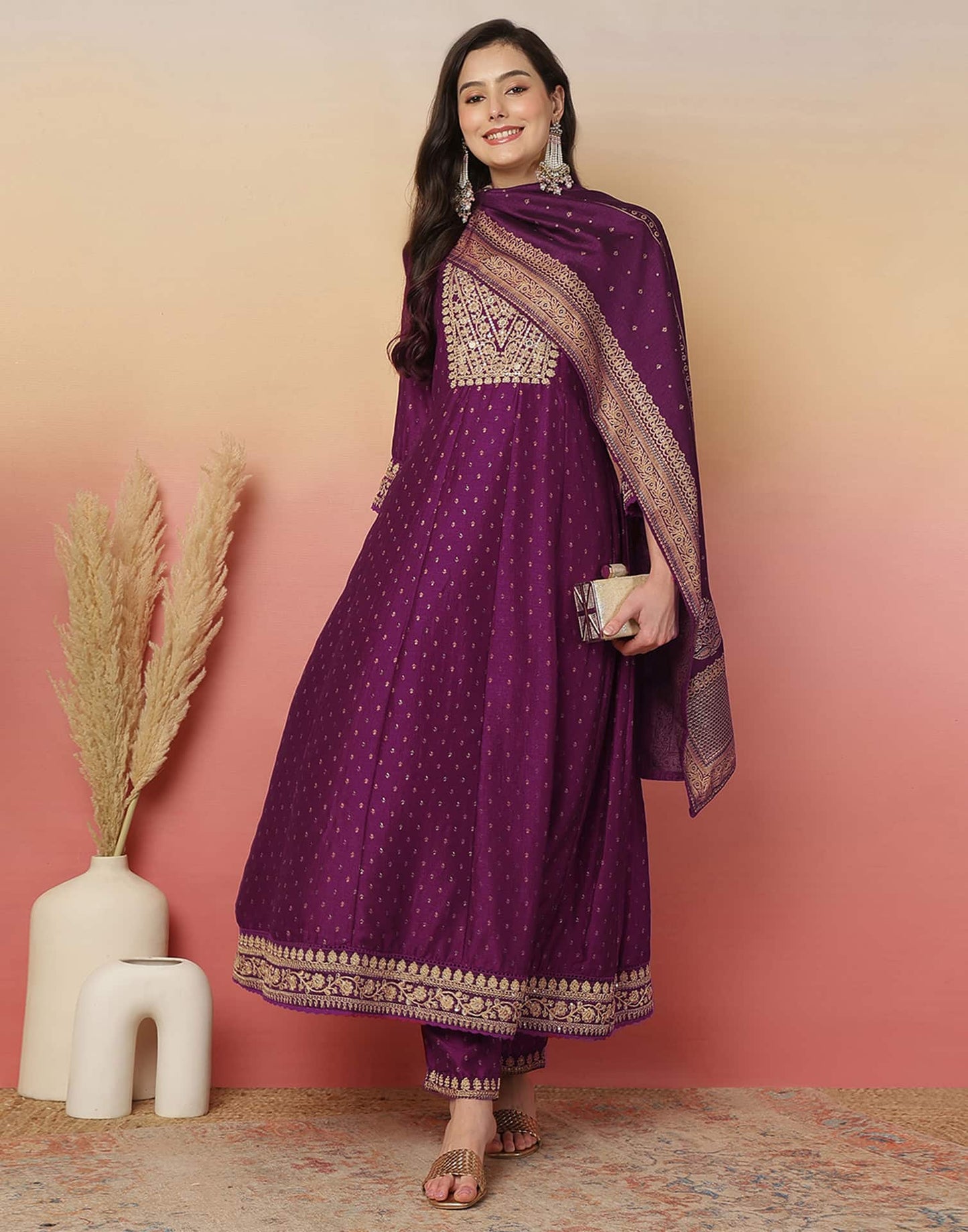 Silk Blend Embroidery and Sequins Work Anarkali Kurta with Pant & Dupatta