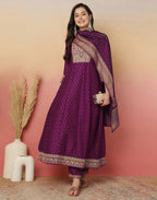 Poly Chinnon Embroidered Anarkali 3 Piece Kurta Set