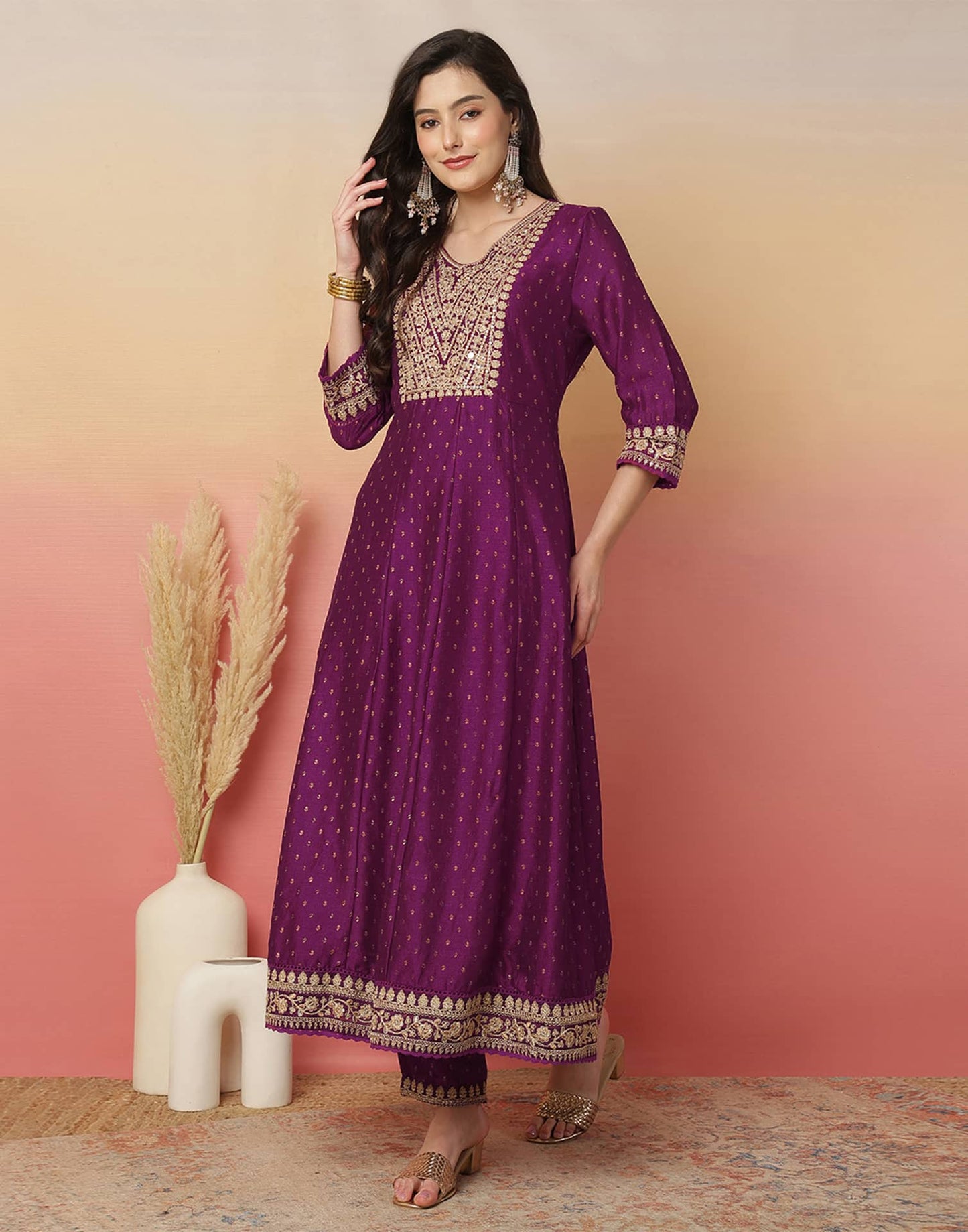 Silk Blend Embroidery and Sequins Work Anarkali Kurta with Pant & Dupatta